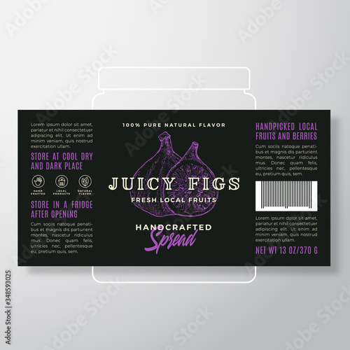 Handcrafted Fruit Spread or Jam Label Template. Abstract Vector Packaging Design Layout. Modern Typography Banner with Hand Drawn Half and Whole Figs Silhouette Background.