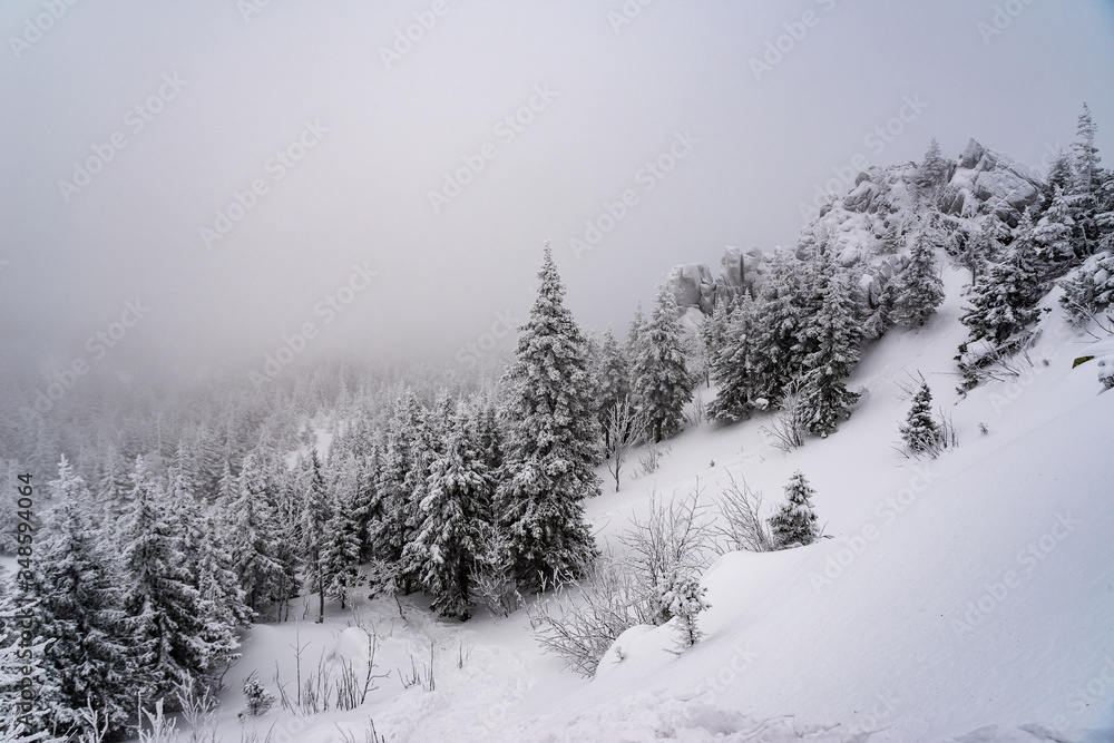 winter hike in the mountains of the southern Urals. Taganay National Park