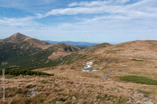 View of the mountain trail. The path to high mountain. The road to the highest mountain. Day trip in the mountains.