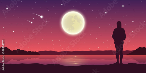 girl by the lake looks to the full moon with falling stars vector illustration EPS10