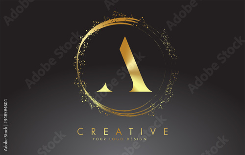 A golden letter logo with golden sparkling rings and dust glitter on a black background. Luxury decorative shiny vector illustration.