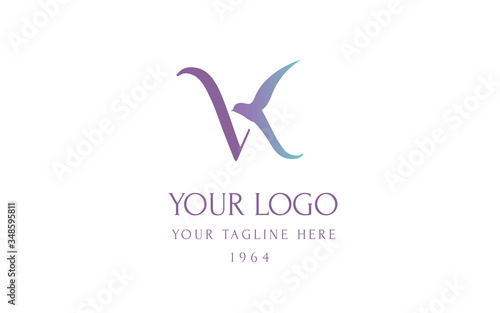 Bird logo vector illustration. Emblem design on white background. Flying bird logotype. VK monogram with wings and head shape