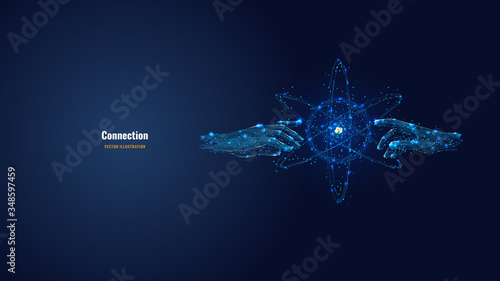Futuristic image of hands touching abstract technology circles with global connection lines. Vector connection and data exchange technology concept in dark blue. Digital polygonal mesh illustration  photo