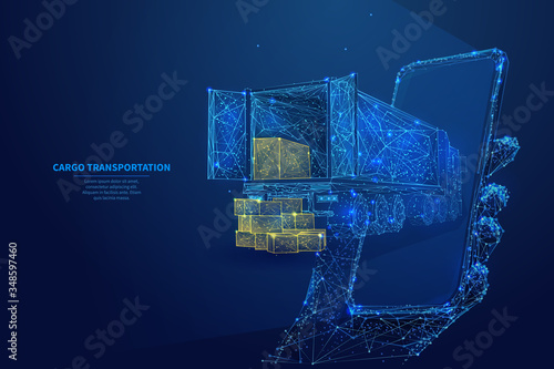 Polygonal 3d truck, parcels and smartphone in dark blue background. Online cargo delivery service, logistics or tracking app concept. Abstract vector illustration of online freight delivery service  photo