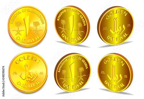 Coin of the Kingdom of Saudi Arabia in several 3D projections. Riyal 1 oz. In fine gold EPS10
