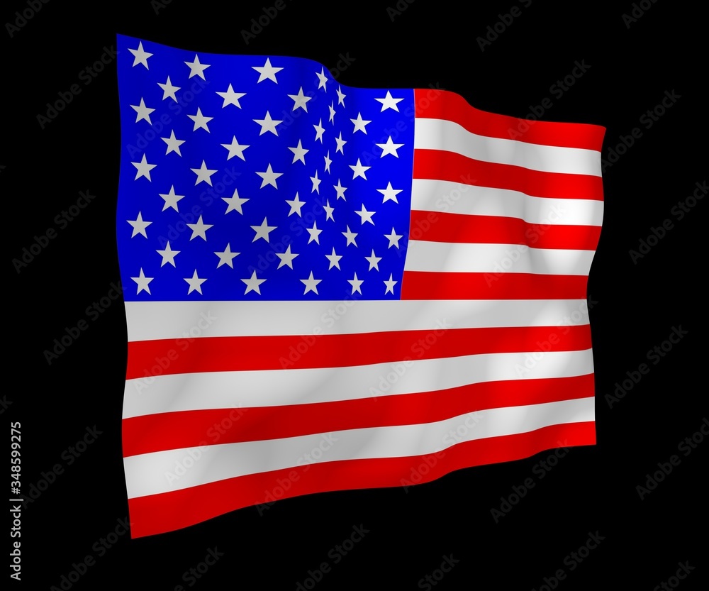 Waving flag of the United States of America on a dark background. Stars and Stripes. State symbol of the USA. 3D illustration Waving flag of the United States of America on a dark background. Stars and Stripes. State symbol of the USA. 3D illustration