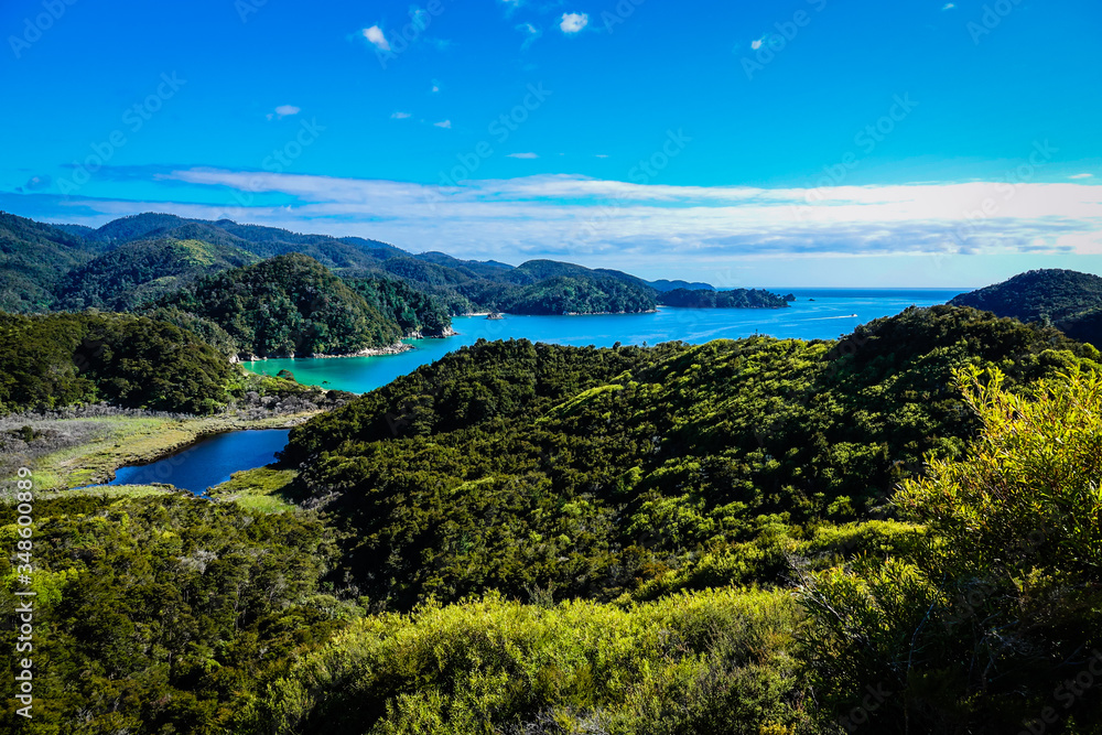Fototapeta premium Torrent Bay view from the top of the hill, Abel Tasman Coast Track, Abel Tasman N.P, Tasman, South Island, New Zealand