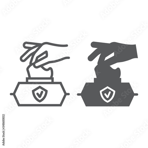 Hand pulling wet tissue line and glyph icon, wash and hygiene, hand tissues sign, vector graphics, a linear pattern on a white background, eps 10.