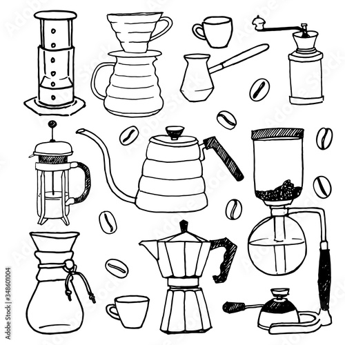 Hand drawn set of coffee. Vector illustrations on white background. 