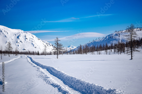 Fototapeta Naklejka Na Ścianę i Meble -  winter ski trip in the mountains of the circumpolar Urals. Ural winter mountains