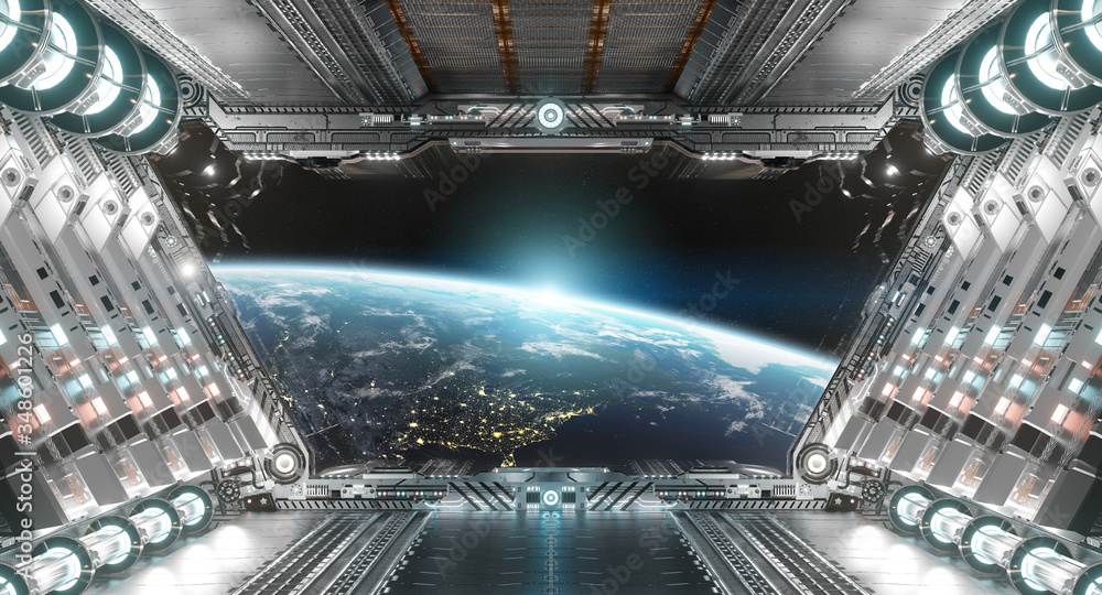 White and silver futuristic spaceship interior with window view on planet Earth 3d rendering