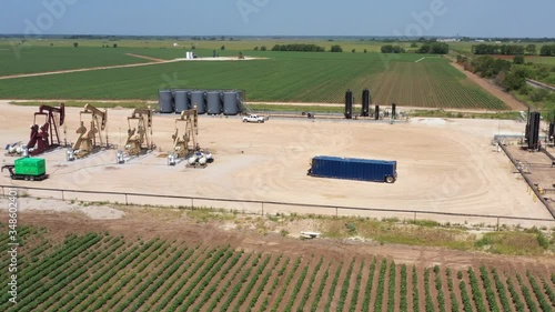 Petroleum pad site with pump jacks working, Brazos County, Texas, USA