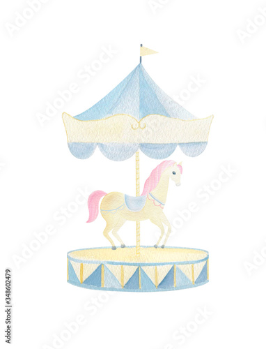 Watercolor circus horse and blue merry-go-round hand painted isolated on white background. Cute unicorn for birthday invitation, party, baby shower design. 