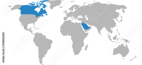 Canada  Saudi arabia countries isolated on world map. Light gray background. Business concepts  diplomatic  trade and transport relations.