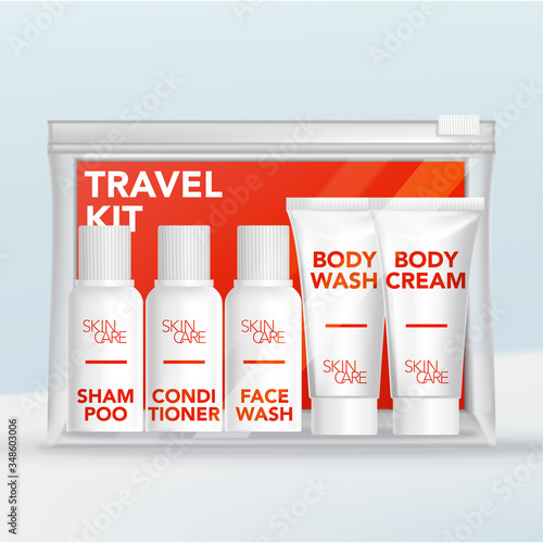Vector Travel Mini Tubes & Bottles Toiletries Set in Clear Plastic Zip Lock Bag with Orange Backing Card.