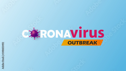 Coronavirus and outbreak texts and virus purple cell icon with blue background.