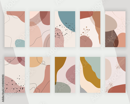 Set Social media backgrounds with artistic freehand abstract hand painting shapes, lines and leaves. Modern neutral design for flyer, poster, card
