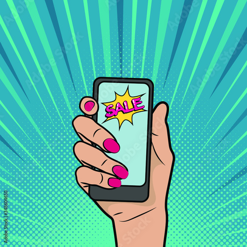 Digital advertisement female model showing the message or new app on cellphone. Vector illustration in retro comic style.