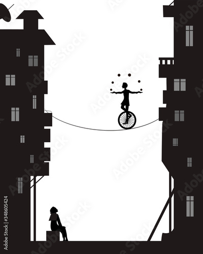 boy juggles balls with unicycle on the rope in the city houses, dreams