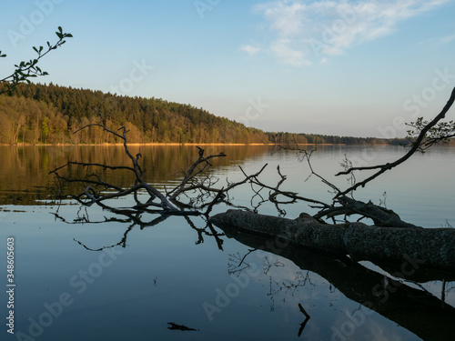 Hancza Lake, the deepest lake of the Poland. Sunny day, late afternoon, sky reflecting in the water. Suwalski landscape park, Podlaskie, Poland photo