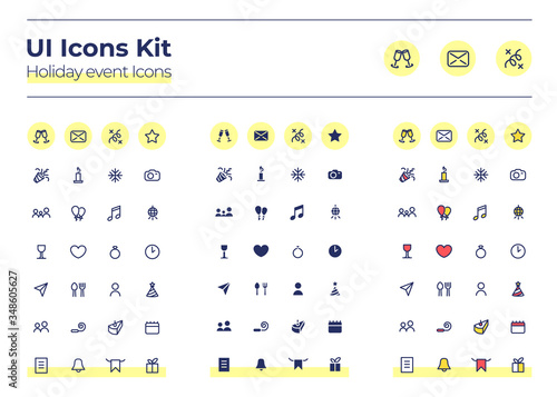 Holiday events UI icons kit. Party calender thin line, glyph and color vector symbols set. Birthday, wedding date. Celebration mobile app buttons in yellow circles pack. Web design elements collection