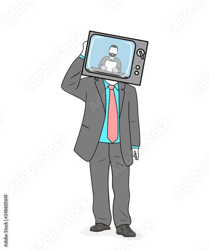 a man with a TV instead of a head. the effect of tv on people. lack of own opinion. vector illustration.