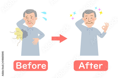 脇汗に悩むおじいちゃんのビフォーアフターのベクターイラスト