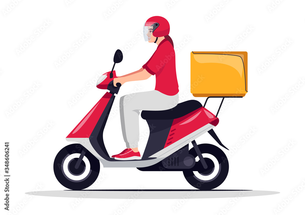 Order delivery service semi flat RGB color vector illustration. Bike courier with parcel on transport. Delivery woman in red uniform and helmet isolated cartoon character on white background