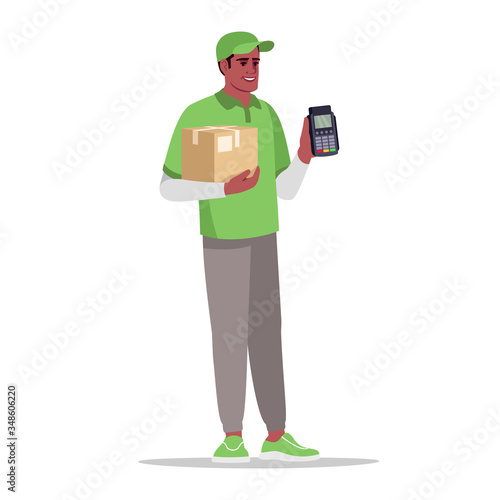 Cashless payment for delivery semi flat RGB color vector illustration. Deliveryman with parcel. Pay with terminal for package. Male african courier isolated cartoon character on white background
