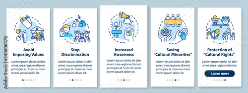 Stop discrimination onboarding mobile app page screen with concepts. Multiculturalism appreciation walkthrough 5 steps graphic instructions. UI vector template with RGB color illustrations