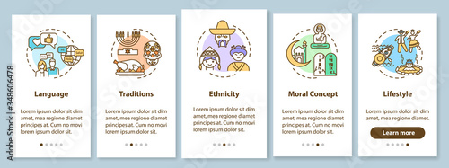 Multiculturalism onboarding mobile app page screen with concepts. Global cultural heritage walkthrough 5 steps graphic instructions. UI vector template with RGB color illustrations