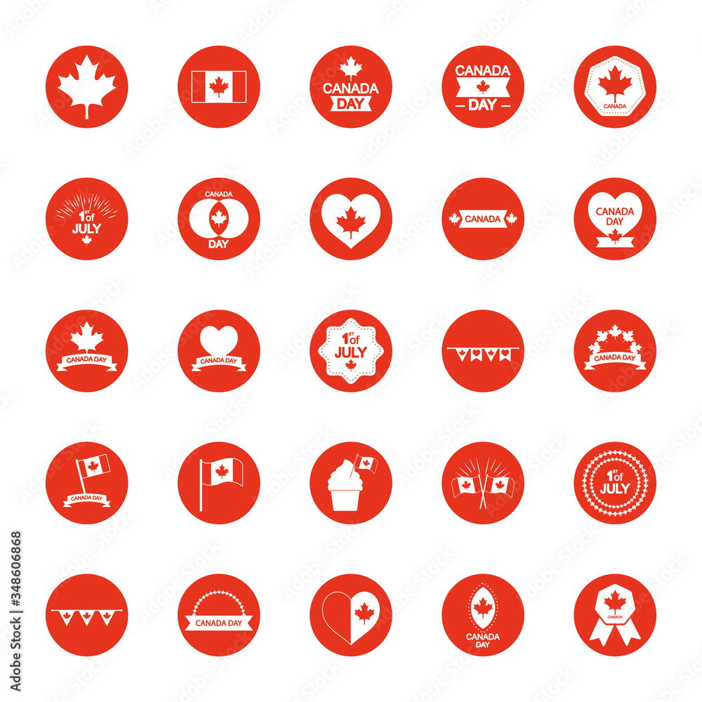 canada flags and Canada day icon set, block silhouette style canada flags and Canada day icon set, block silhouette style