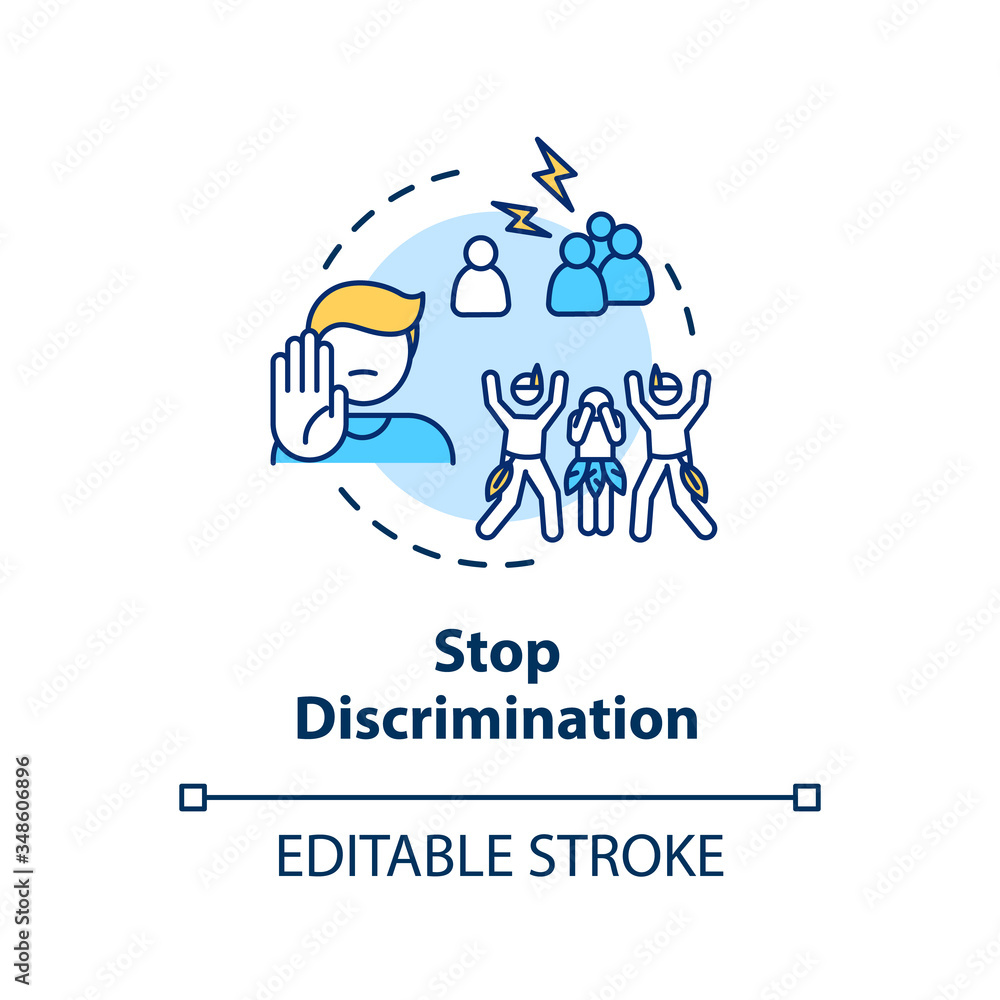 Stop discrimination concept icon. Support cultural diversity. Respect for multi racial community. Human right idea thin line illustration. Vector isolated outline RGB color drawing. Editable stroke