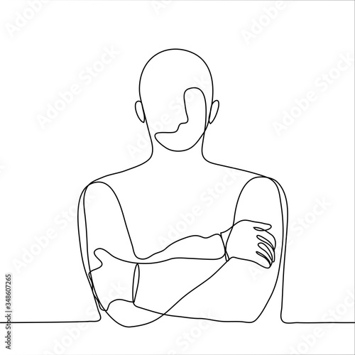 silhouette of a man hugging himself. One continuous line is the concept of self-support, self-help, self-salvation, independence, independence, self-integrity, integrity, balance.