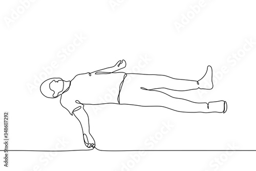 The full-length male body lies on the floor. The concept of loss of strength, loss, fatigue, dead man, lose consciousness, fall, be defeated. Can be used for animation.