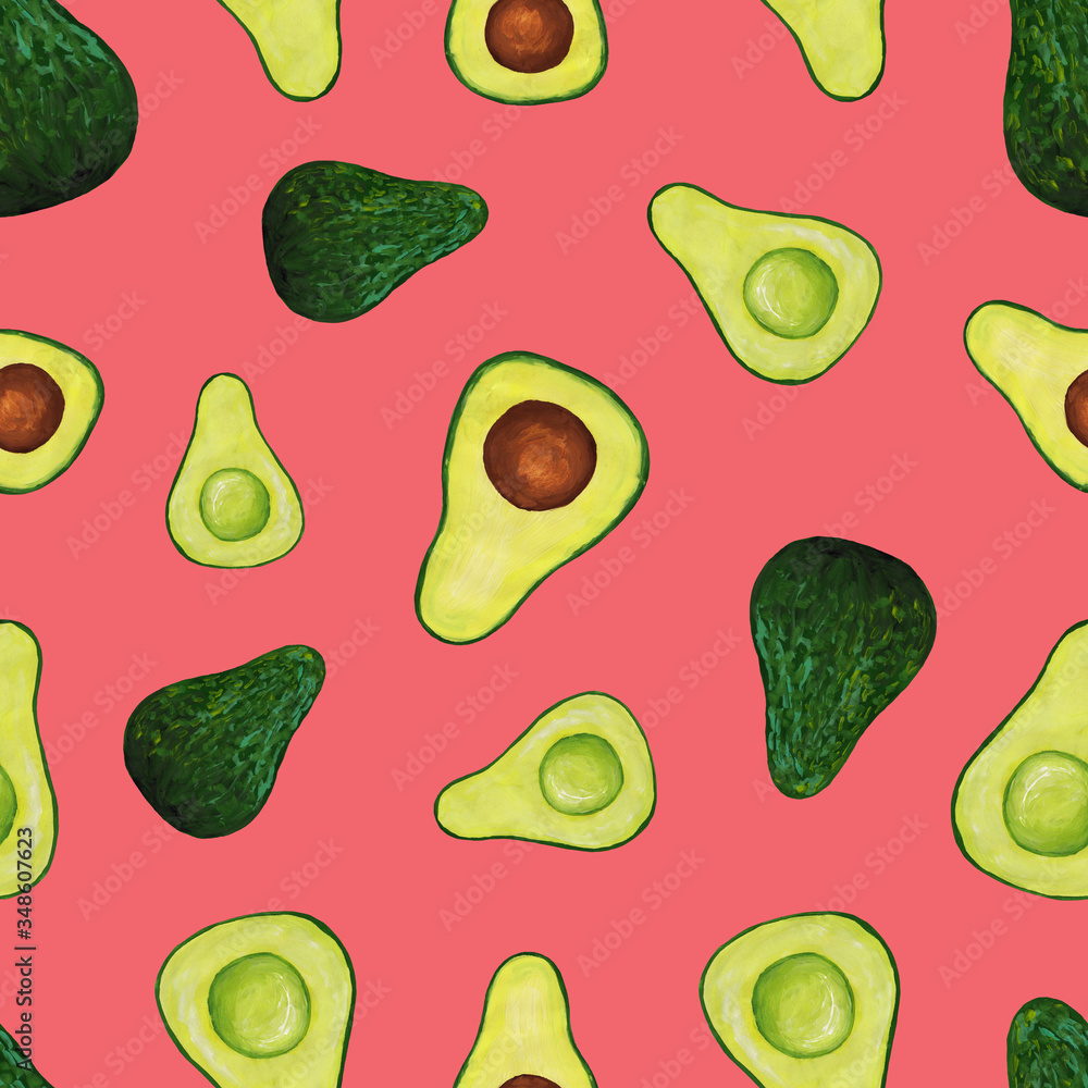 seamless pattern with whole avocado, cut avocado and whole green avocado. Floral pattern isolated on a pink background. Raster Square Seamless Pattern with Avocado seamless pattern with whole avocado, cut avocado and whole green avocado. Floral pattern isolated on a pink background. Raster Square Seamless Pattern with Avocado