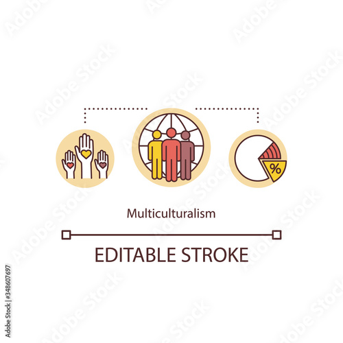 Multiculturalism concept icon. Multi ethnic community. Multinational society worldwide. Cultural diversity idea thin line illustration. Vector isolated outline RGB color drawing. Editable stroke