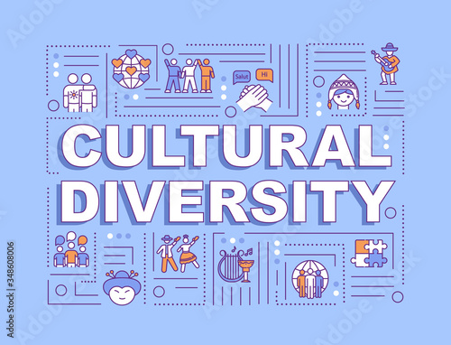 Cultural diversity word concepts banner. International communication. Different race. Infographics with linear icons on blue background. Isolated typography. Vector outline RGB color illustration