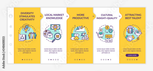 Multi racial team onboarding vector template. Different nationality of colleagues. Teamwork effectiveness. Responsive mobile website with icons. Webpage walkthrough step screens. RGB color concept