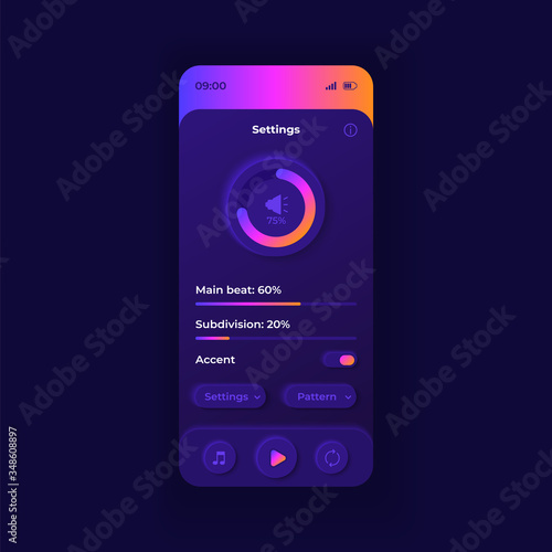 Metronome parameters smartphone interface vector template. Mobile app page dark design layout. Musicians auxiliary application screen. Flat UI for application. BPM settings on phone display