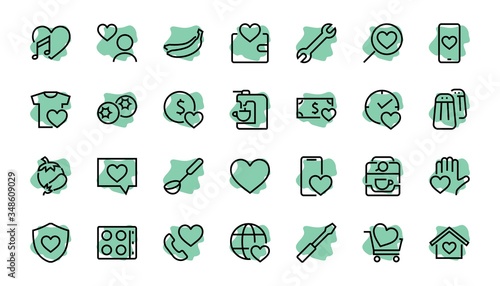  The set of icons about love contains such icons as love of music, declaration of love, heart, favorite home, Linear set. Vector on a white background. Editable stroke. 480x480