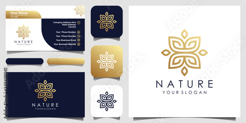 golden Minimalist elegant leaf and flower rose logo design for beauty, Cosmetics, yoga and spa. logo design and business card
