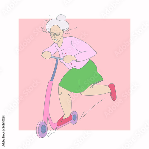 Cheerful elderly woman on a scooter. Grandma rides a scooter. Vector illustration of the concept of youth inside.