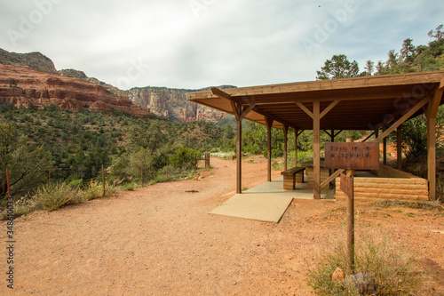 Coconino National Forest. Hiking trail head and picnic pavilion at the Oak Creek Recreation Area in the Coconino National Forest in Sedona, Arizona. © ehrlif