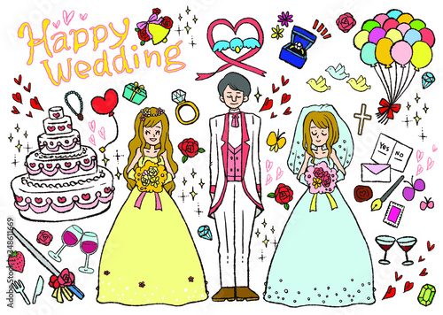 結婚式な新郎新婦。または同性婚カップルと神父さま。多様性あるウェディング素材です。