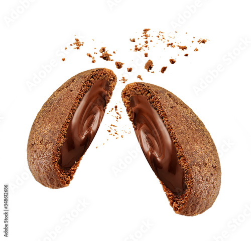 Chocolate biscuit with filling on white background