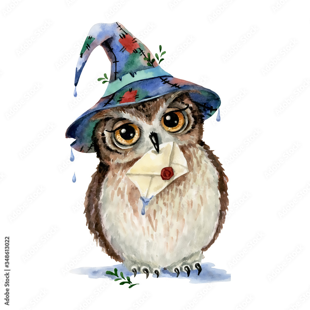 Watercolor illustration of a cute cartoon magic owl in a wizard hat with a  letter in its beak isolated on white background ilustración de Stock |  Adobe Stock