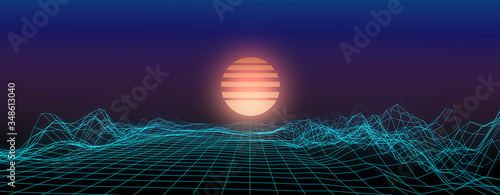 Retro music background. 3D Wireframe mountain terrain on black background. Low Poly Geometric Mountain Landscape. 3d Cyberspace Grid. 80-s style digital wireframe landscape.