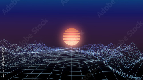 Fototapeta Naklejka Na Ścianę i Meble -  Retro music background. 3D Wireframe mountain terrain on black background. Low Poly Geometric Mountain Landscape. 3d Cyberspace Grid. 80-s style digital wireframe landscape.