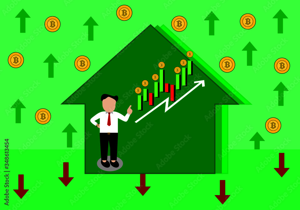 Traders with green rising graphs trade up with yellow gold coins. Concept electronic financial investment vector. Traders with green rising graphs trade up with yellow gold coins. Concept electronic financial investment vector.